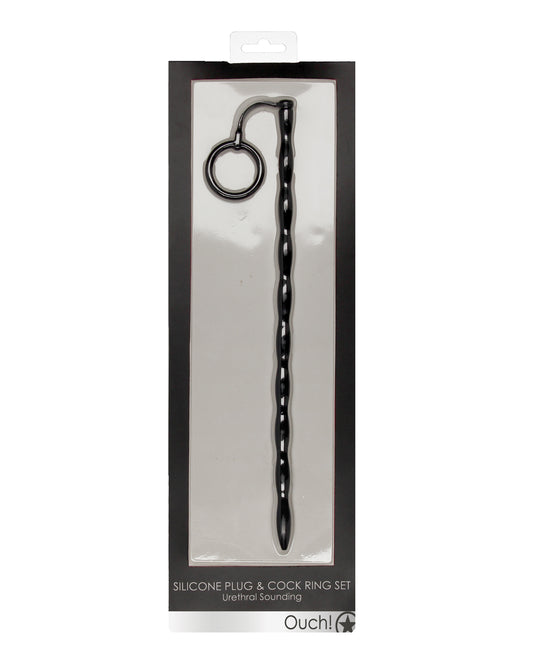 Ouch Silicone Urethral Sounding Plug and Cock Ring Set with Twisted Design for Versatile Pleasure and Delayed Ejaculation