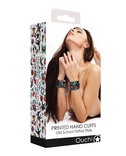 Ouch Bondage Handcuffs Tattoo Print Adjustable Comfortable Black for Secure Bedroom Restraint