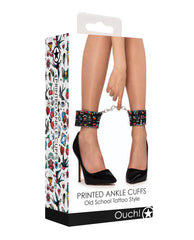Ouch Bondage Ankle Cuffs Tattoo Print with Adjustable Velcro for Comfortable Secure Restraint