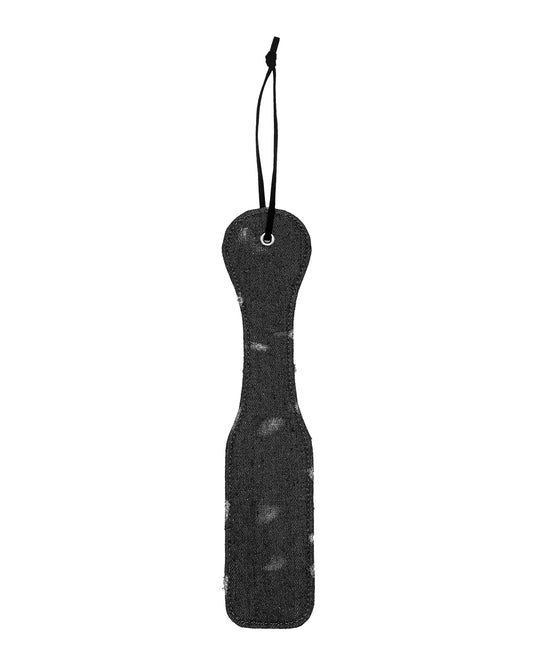 Shots Denim Paddle Black Bondage Paddle with Wrist Strap and Faux Leather for Sensory Play