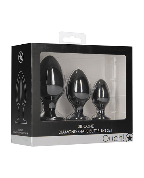 Ouch Anal Products Diamond Shape Silicone Butt Plug Set with Tapered Tip and Suction Base for Comfortable Pleasure