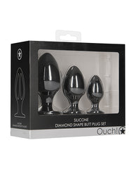 Ouch Anal Products Diamond Shape Silicone Butt Plug Set with Tapered Tip and Suction Base for Comfortable Pleasure