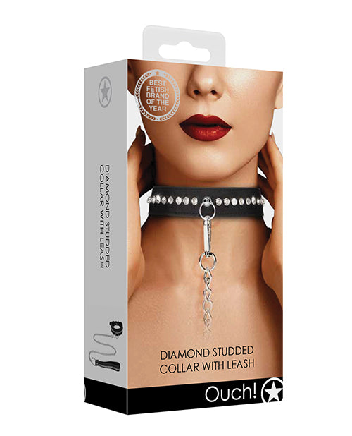 Ouch Bondage Collar black diamond studs adjustable PU leather leash for stylish BDSM restraint