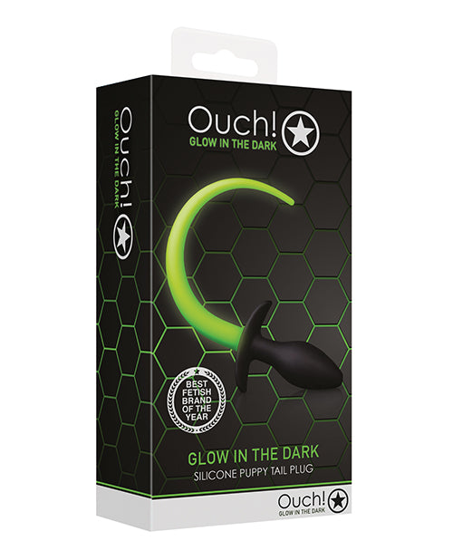 Ouch Anal Plug Glow in the Dark Puppy Tail with Fluorescent Green Detailing for Light-Up Pet Play