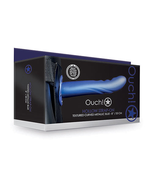 Ouch Strap On Textured Curved Hollow Adjustable Fit Metallic Blue for Bedroom Pleasure