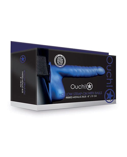 Ouch Strap On Ribbed Hollow Metallic Blue with Adjustable Waistband for Couple Pleasure
