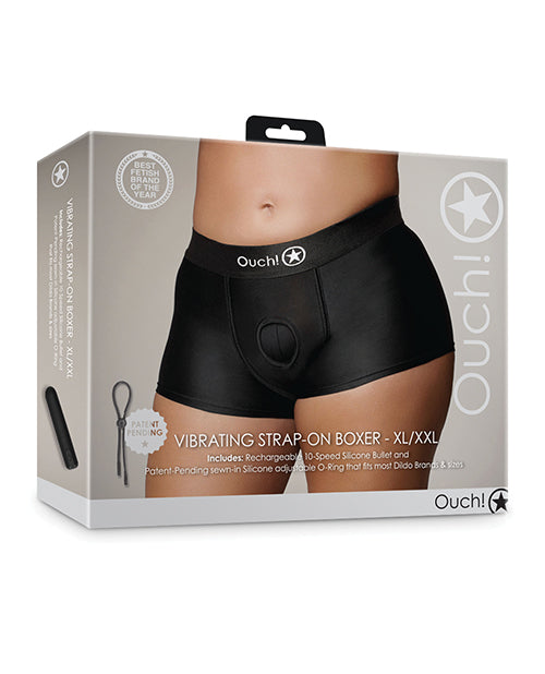 Ouch Vibrating Strap-On Boxer black XL/XXL with silicone rechargeable vibrating bullet and patent O-Ring for strap-on versatility