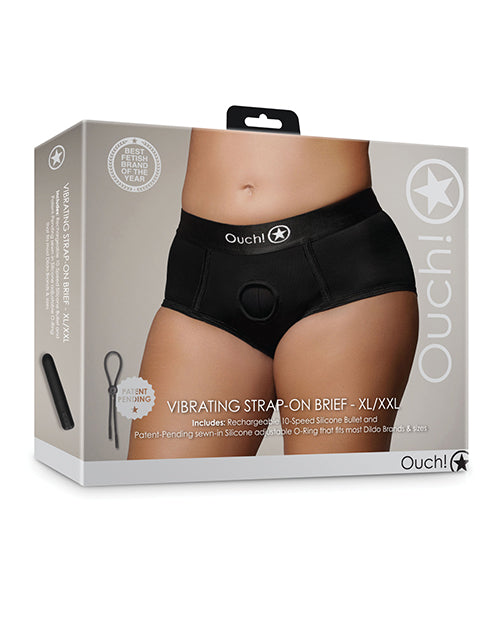 Ouch Strap-On Brief Black XL/XXL with Rechargeable Vibrating Bullet and Elastic O-Ring for Comfortable Strap-On Play