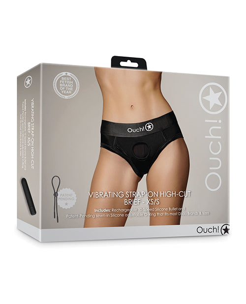 Ouch Strap-On Brief High-Cut Black with Rechargeable Vibrating Bullet and O-Ring System for Comfortable Strap-On Play