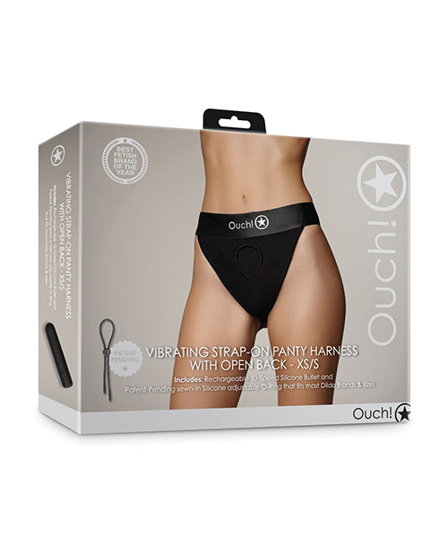 Ouch Strap-On Panty Harness Black with Open Back and 10-Speed Vibrating Bullet for Comfortable Versatile Play