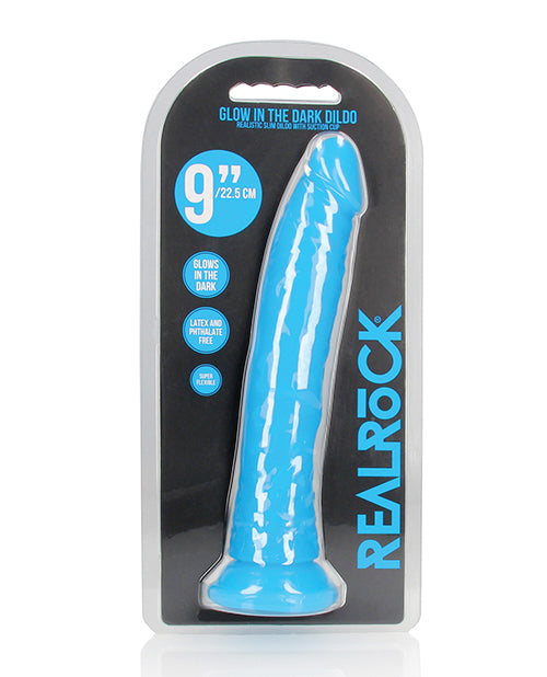 RealRock Dildo Glow in the Dark Slim Neon Blue with Suction Base for Hands-Free Pleasure