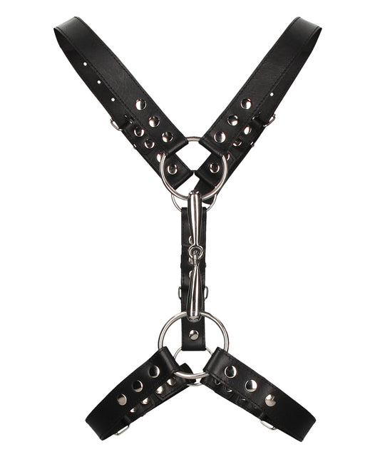 Ouch Uomo Bondage Harness Adjustable Black with Metal Bit and Studs for Secure BDSM Restraint
