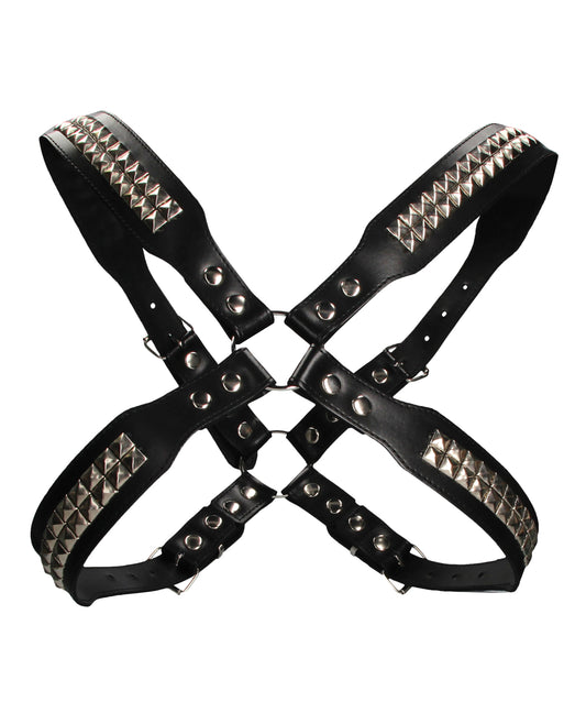 Ouch Uomo men's leather body harness with pyramid studs and dual O-rings for bondage and clubwear