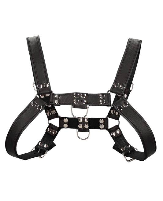 Ouch Uomo Bondage Restraint Leather Chest Bulldog Harness with Adjustable Straps and Stainless Steel O-Rings for Secure Fit