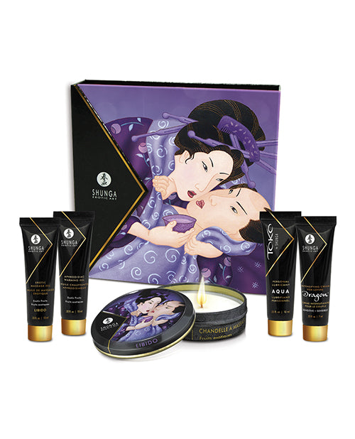 Shunga Massage Products Geisha's Secret Kit with Exotic Fruit Scents and Travel-Sized Bottles for Couples Relaxation