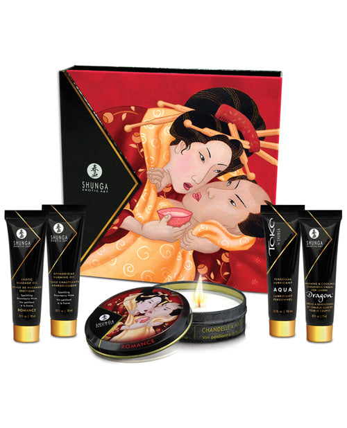 Shunga Setting The Mood Gift Set with Strawberry Scent Massage Oils, Lubricant, Candle for Romantic Relaxation