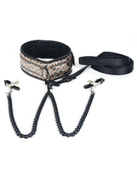 Spartacus Bondage Restraints Faux Leather Collar Gold Hardware with Black Nipple Clamps for Secure Sensual Play