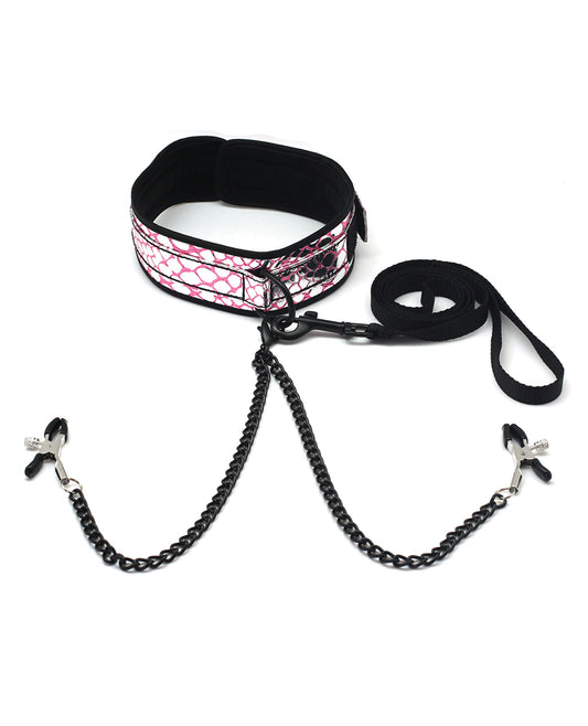 Spartacus Bondage Restraint Collar with Detachable Leash and Black Nipple Clamps for Couple's Power Play