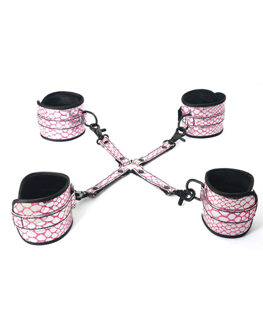Spartacus Bondage Restraints Faux Leather Wrist & Ankle with Pink Hog Tie for Versatile BDSM Play