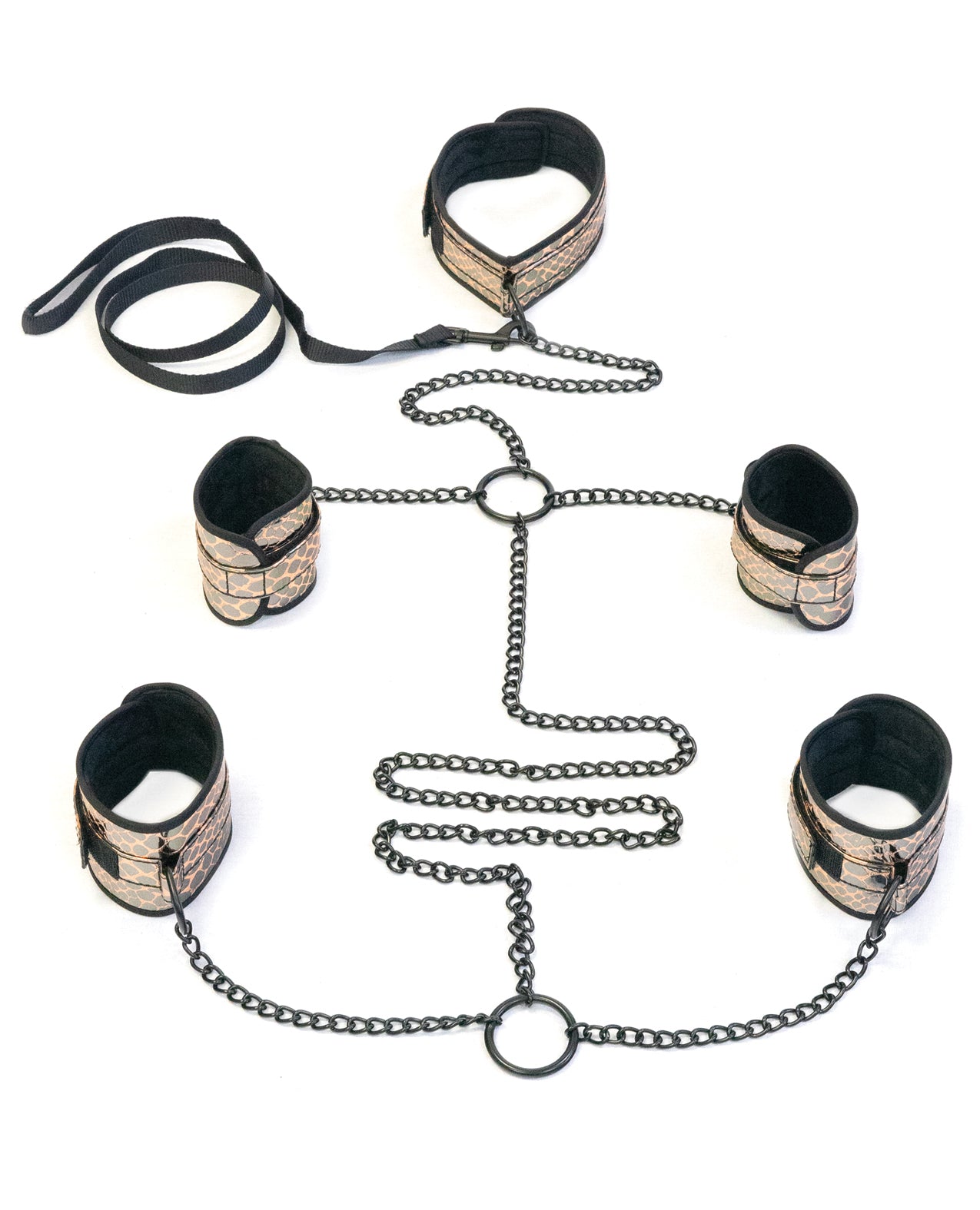 Spartacus bondage restraints kit with faux leather collar, wrist and ankle cuffs, and gold hardware for comfortable secure role play