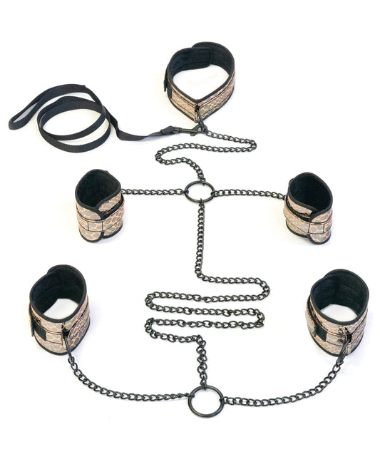 Spartacus bondage restraints kit with faux leather collar, wrist and ankle cuffs, and gold hardware for comfortable secure role play