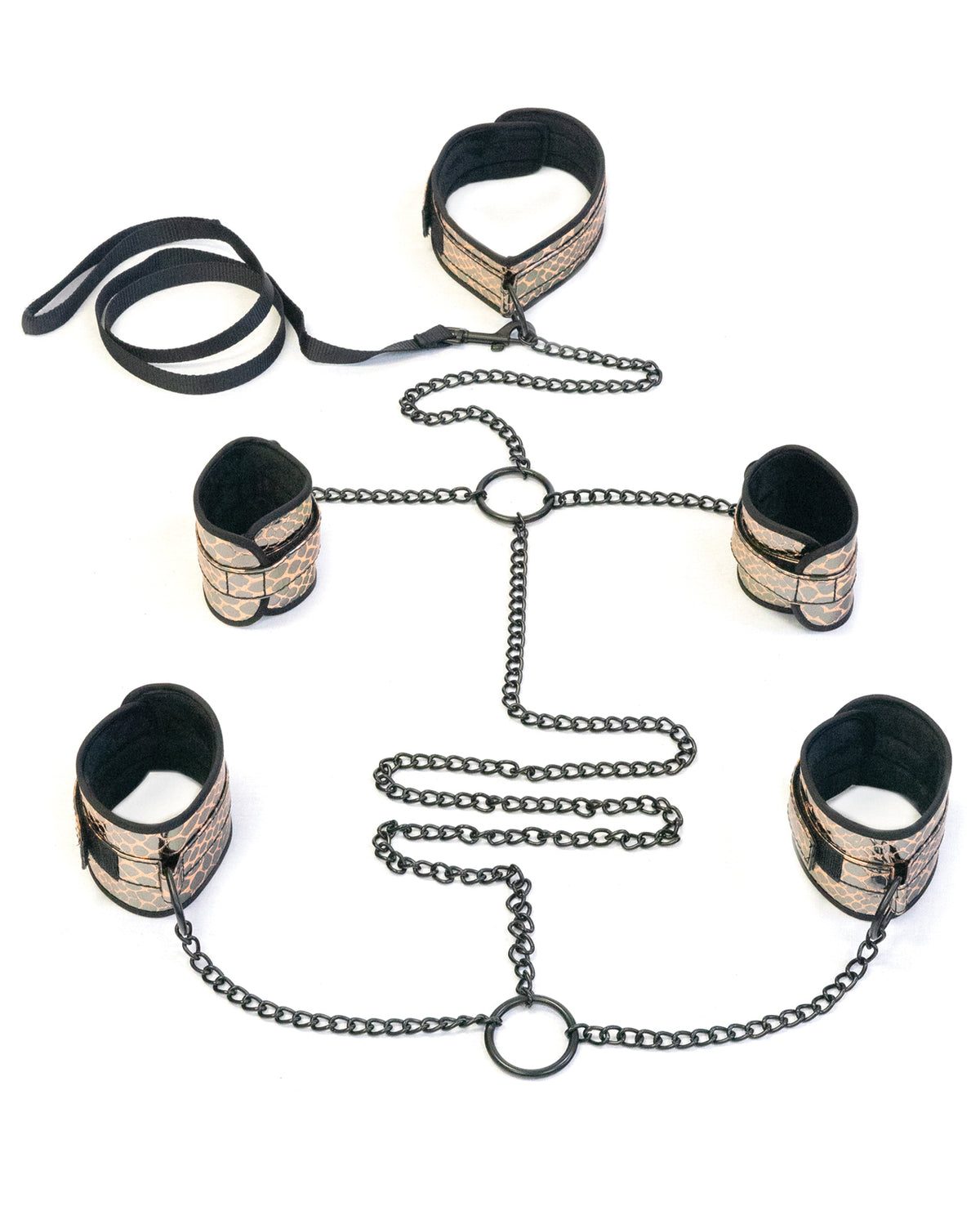 Spartacus bondage restraints kit with faux leather collar, wrist and ankle cuffs, and gold hardware for comfortable secure role play