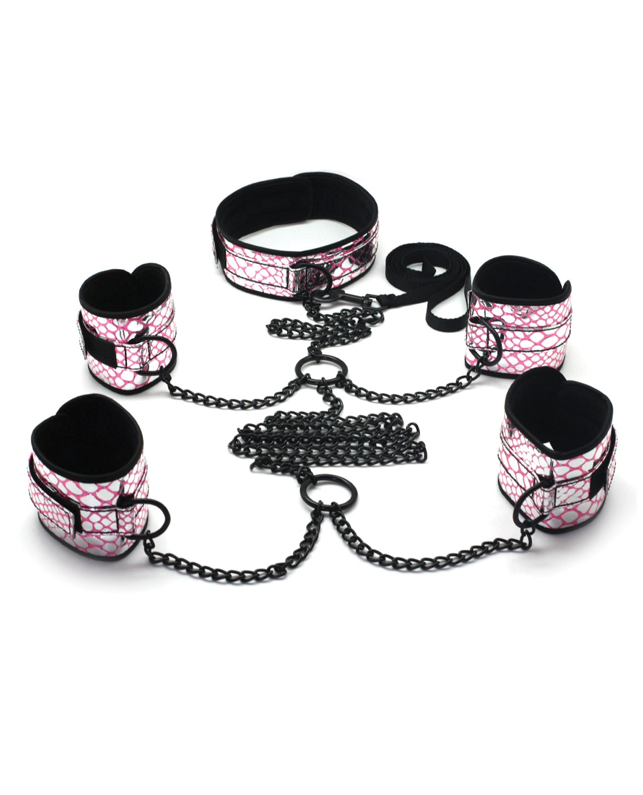 Spartacus Bondage Restraints Kit Adjustable Faux Leather Pink with Collar and Leash for BDSM Role Play