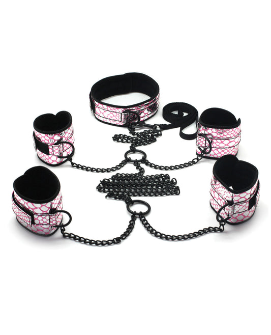 Spartacus Bondage Restraints Kit Adjustable Faux Leather Pink with Collar and Leash for BDSM Role Play
