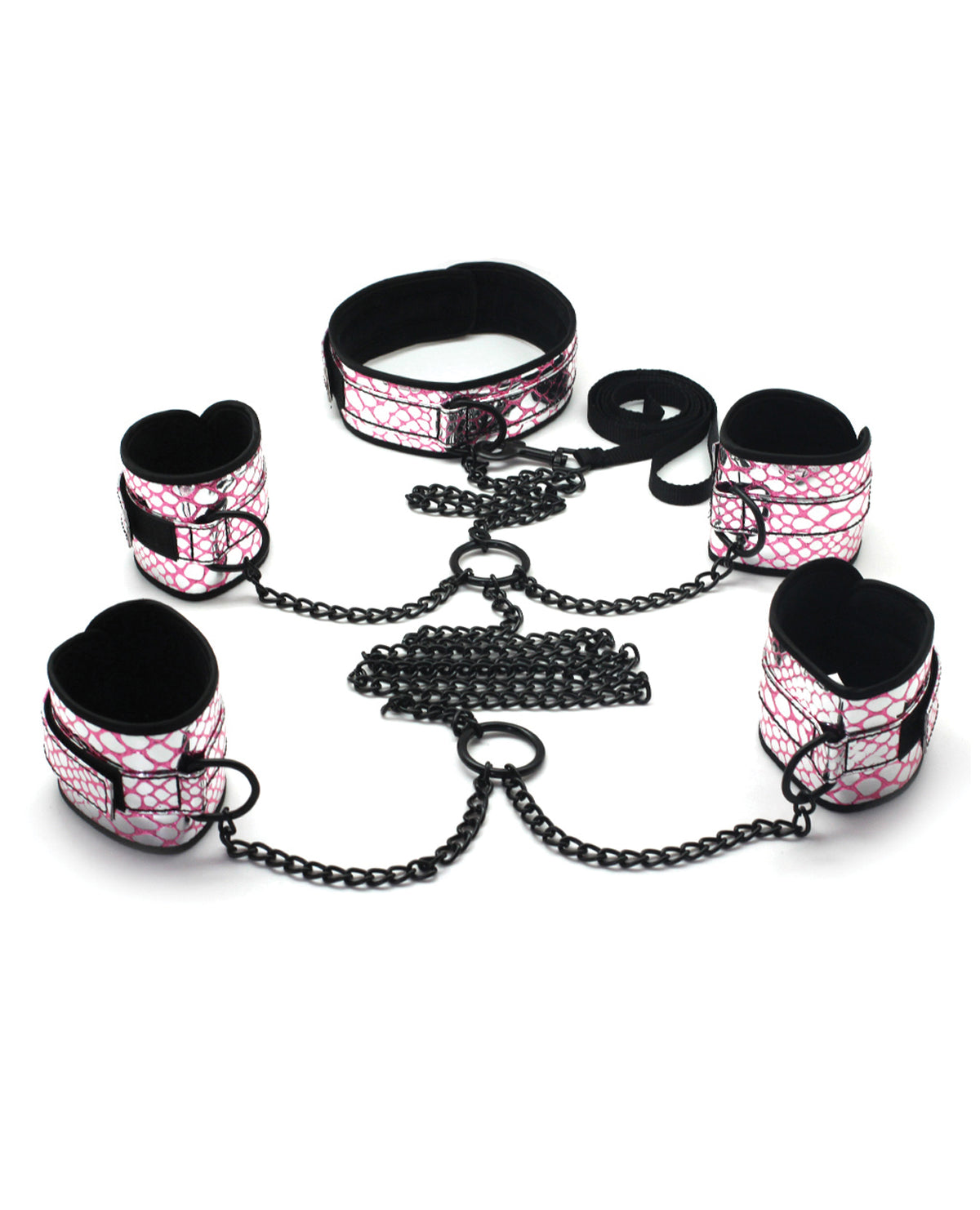 Spartacus Bondage Restraints Kit Adjustable Faux Leather Pink with Collar and Leash for BDSM Role Play