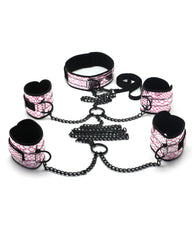 Spartacus Bondage Restraints Kit Adjustable Faux Leather Pink with Collar and Leash for BDSM Role Play