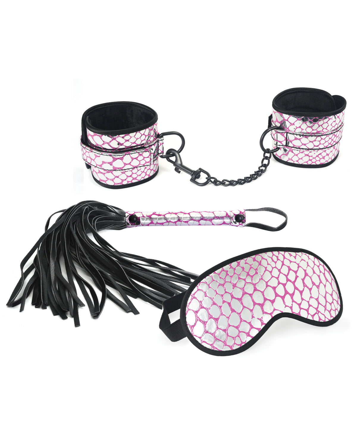 Spartacus Bondage Blindfolds & Restraints Pink Faux Leather Wrist Restraints, Blindfold, and Flogger for Couple Bondage Play