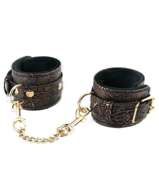 Spartacus Bondage Wrist Restraints Faux Fur Lining Brown Floral Print for Comfortable Secure Restraint
