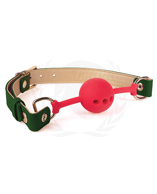 Spartacus Silicone Ball Gag green PU straps gold hardware adjustable restraint for bondage play