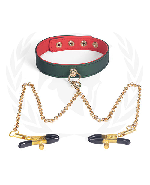 Spartacus Bondage Collar Green PU with Gold Chain Nipple Clamps and Red Lining for Sensation Play