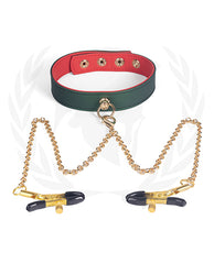 Spartacus Bondage Collar Green PU with Gold Chain Nipple Clamps and Red Lining for Sensation Play