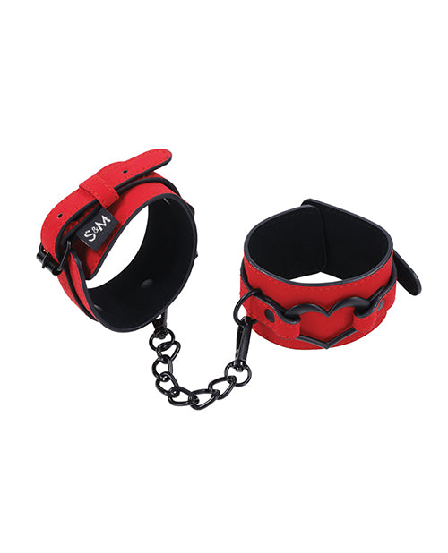 Sex and Mischief Amor Handcuffs Red Vegan Leather with Black Heart Accent for Comfortable Romantic Restraint