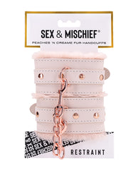 Sex and Mischief Bondage Handcuffs Peach Faux Fur Easy-Release Clasp for Comfortable Restraint Play