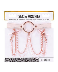 Sex and Mischief Bondage Collar Peach Color Rose Gold Nipple Clamps for Playful Restraint and Sensation
