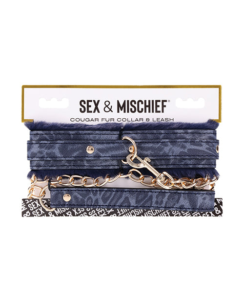 Cougar bondage restraint blue faux fur collar gold leash for luxury sensory play