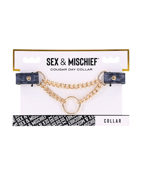 Cougar Bondage Collar Animal Print Faux Leather with Gold Hardware and Ring for Fashionable Restraint