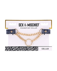 Cougar Bondage Collar Animal Print Faux Leather with Gold Hardware and Ring for Fashionable Restraint