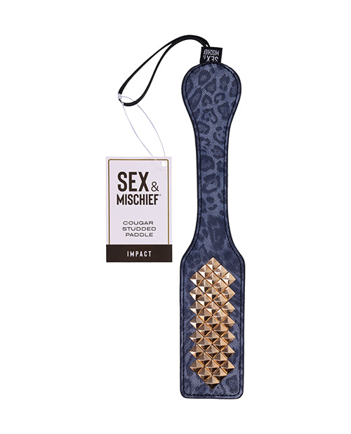 Cougar bondage paddle blue leopard faux leather with gold studs for playful impact and stylish bondage sessions