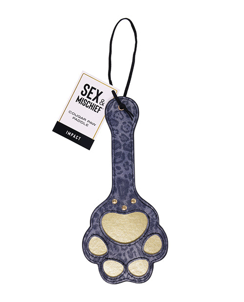 Cougar Bondage Paddle with Blue Leopard Print and Paw-Shaped Cutouts for Sensation Play