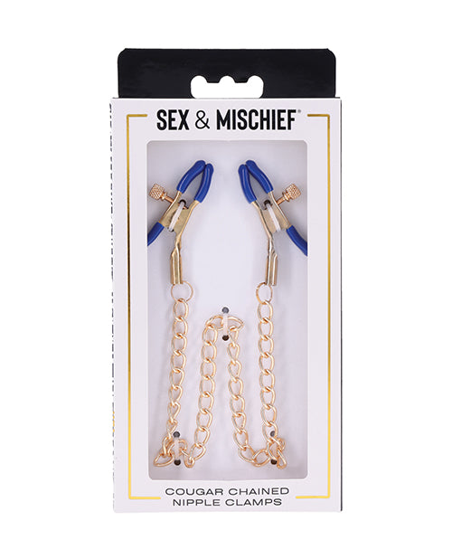 Cougar Nipple Clamps Gold Chain Adjustable Blue Plastic Tips for Sensory Bondage Play