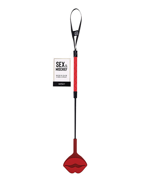 Sex and Mischief Kiss Crop Bondage Lip-Shaped Silicone Tip Red Black for Playful Impact Play