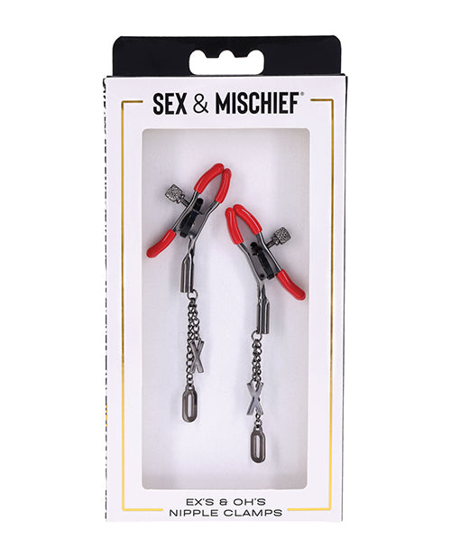 Sex and Mischief Nipple Clamps Gunmetal Adjustable Red Rubber Tips and XO Charms for Sensation Play