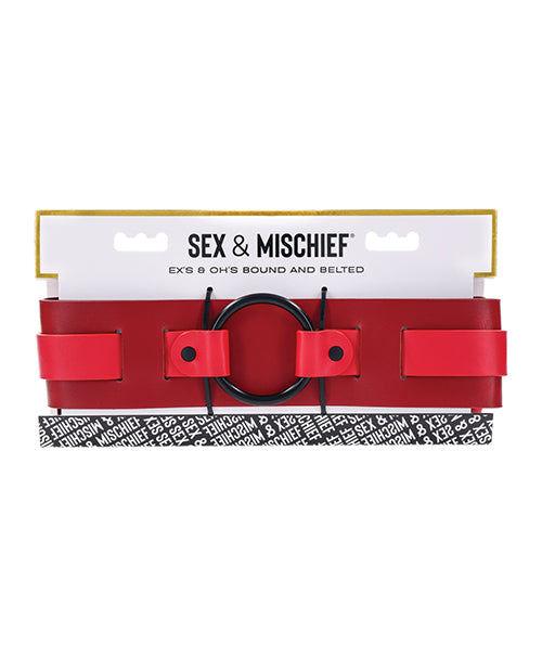 Sex and Mischief Bondage Belt Two-Tone Faux Leather Adjustable Red and Black Design for Versatile Restraint Play