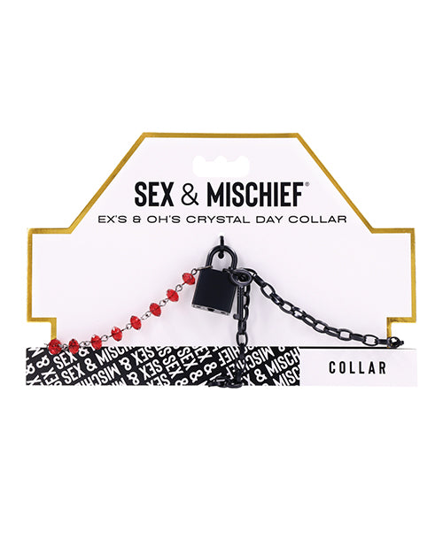Sex and Mischief Bondage Collar with Ruby Red Crystals and Matte Black Chain for Elegant Discreet Wear