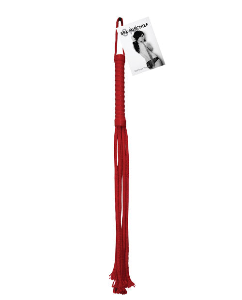 Sex and Mischief Bondage Flogger Soft Red Rope Braided Tails with Vinyl Handle for Sensual Teasing