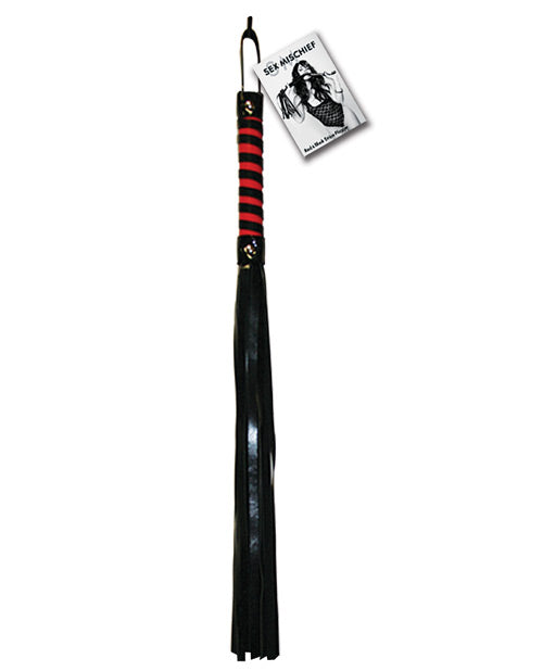 Sex and Mischief Bondage Flogger Red and Black Striping Vegan Leather Falls for Sensation Play and Impact